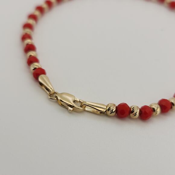 14k Yellow Gold Fashion Red And Gold Beaded Bracelet 7.5" - Picture 5 of 8